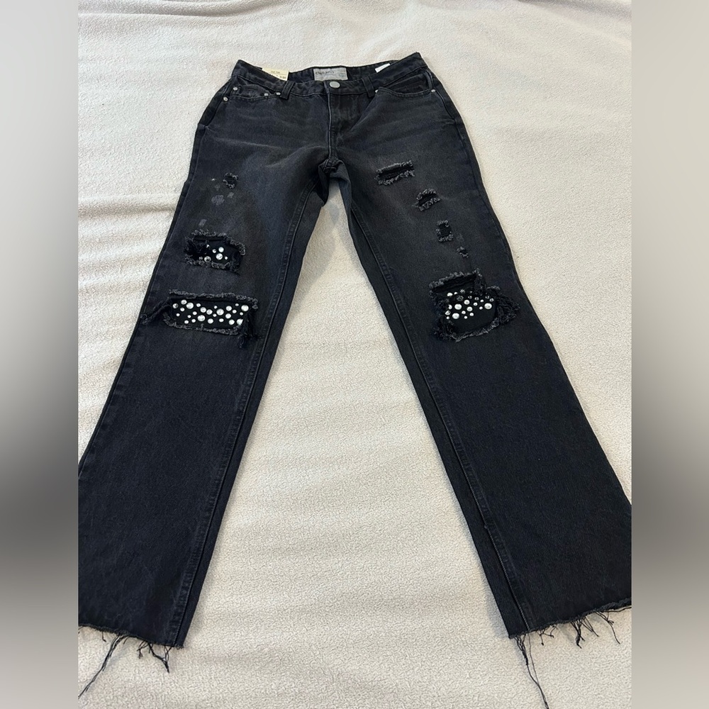 Banjara Black Distressed Rhinestone Patch Jeans Size 5/26 30” Inseam Y2K